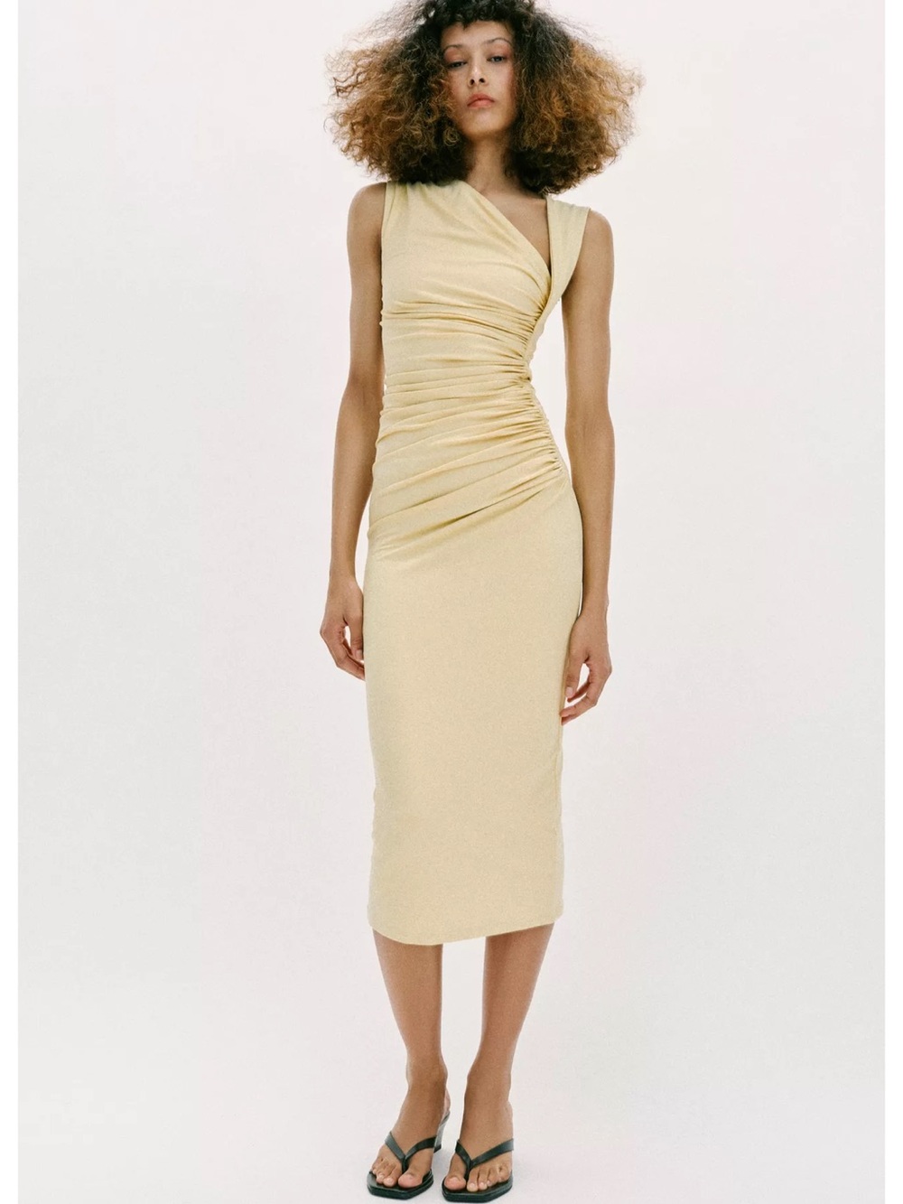 Zara Asymmetric Ruched Midi Dress in Pale Yellow